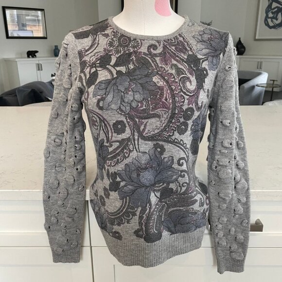 Alberto Makali Designer 2 Pce Floral Wool Acrylic Sweater & Scarf Grey Blu Sz M - Picture 13 of 13